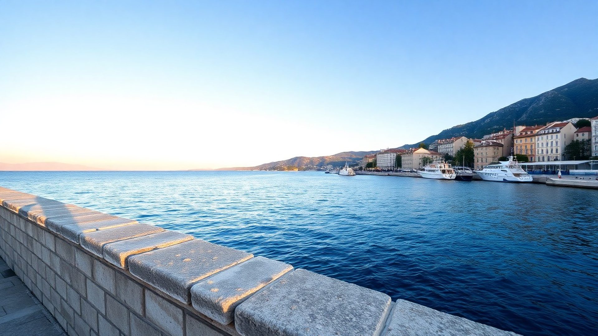 Koprska obala ob zori, jadranska voda in kamniti pristaniški zid